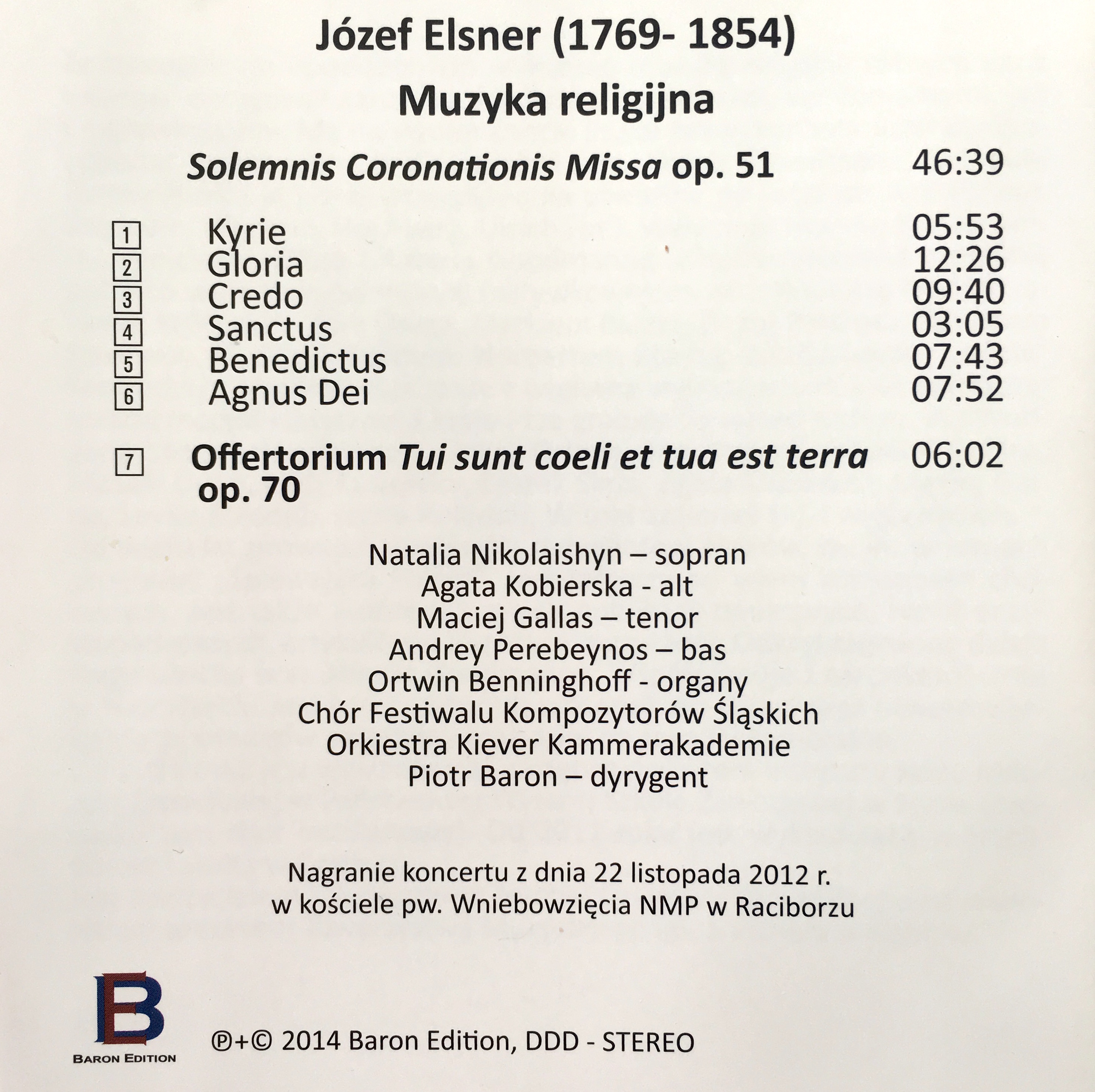 Maciej Gallas. Józef Elsner- Solemnis Coronationis Missa op.51